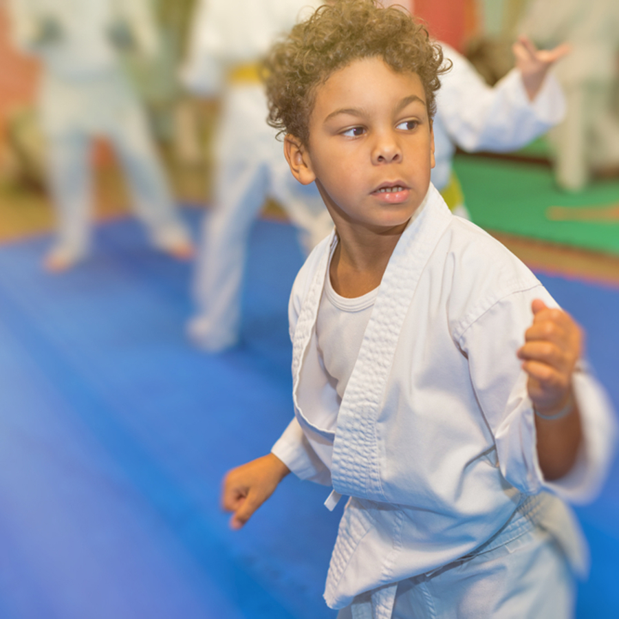 Young boy wearing a karategi demonstrating a karate move