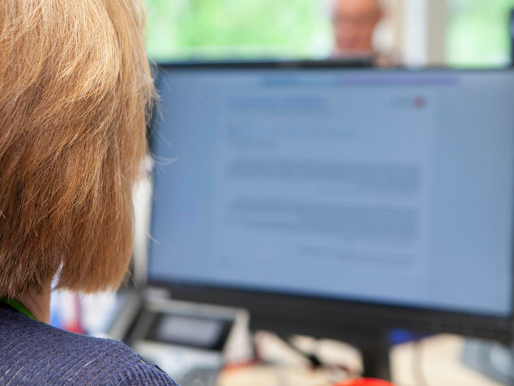 Woman looking at a computer screen with back of her head shown.