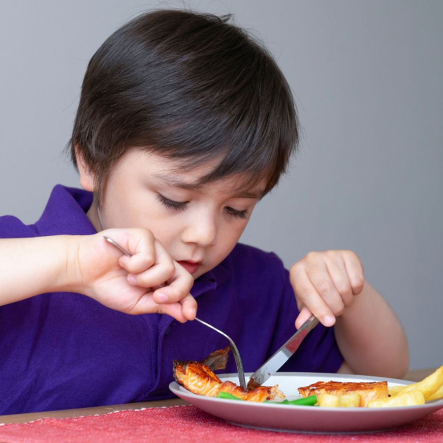 Boy sitting at table and using knife and fork to eat their food off their plate. 