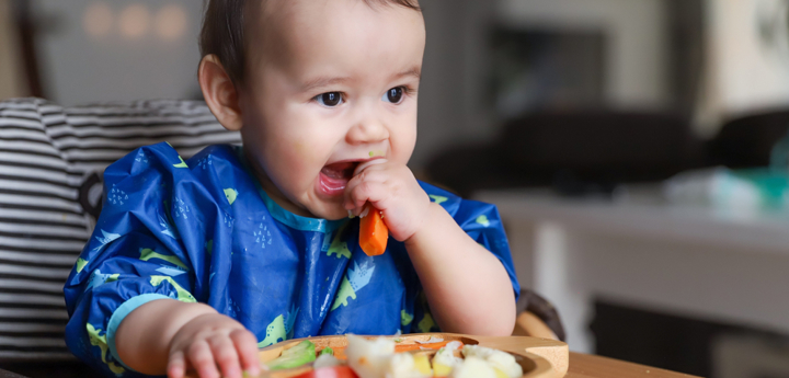 Baby boy sitting in highchair holding a carrot stick to his mouth with a plate of mixed vegetables in front of him. 