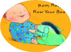 illustration of baby moving back and forward holding the legs of a toy donkey singing row your boat