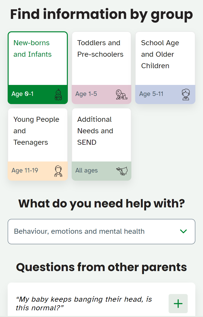 screenshot of content picker tool with drop down options and questions from parents