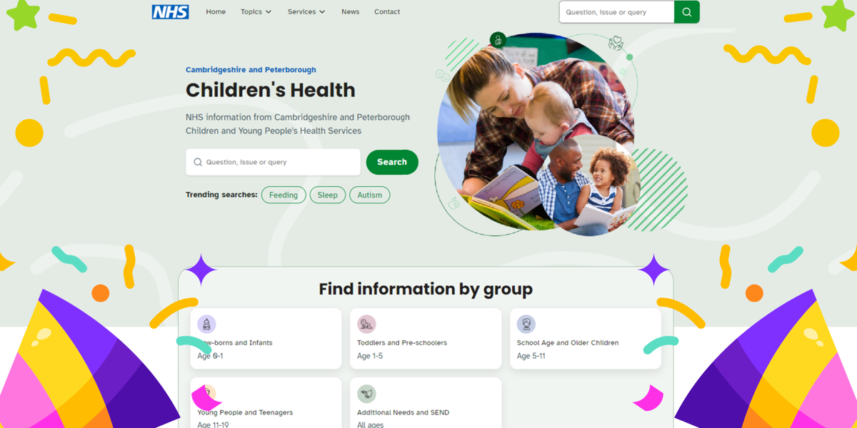 screenshot of the CambsPboroChildrensHealth homepage including topic finder tool. Added graphics of confetti and party poppers