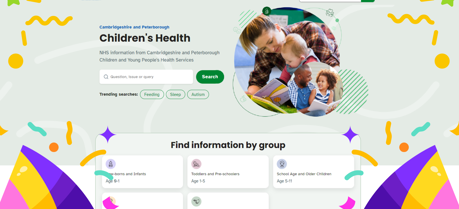 screenshot of the CambsPboroChildrensHealth homepage including topic finder tool. Added graphics of confetti and party poppers
