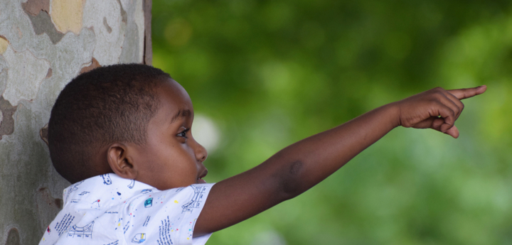 Young boy standing by a tree and pointing at something in the distance.