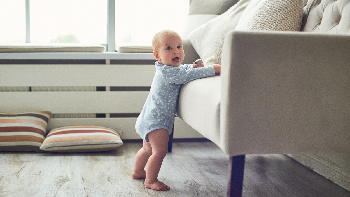 Little 8 Months Baby Boy Stands With Support Near Sofa At Home In White Room 1