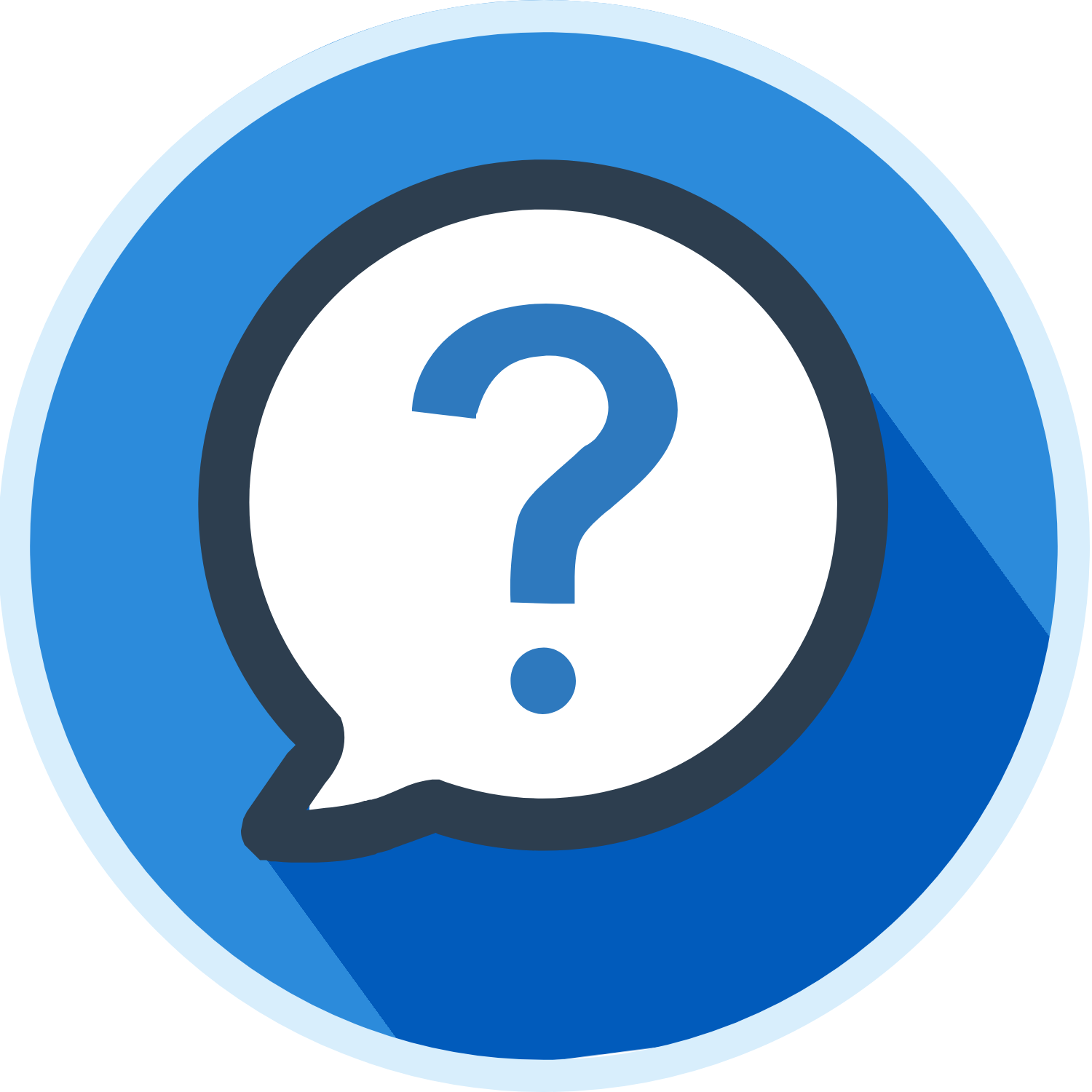 Blue question mark in speech bubble on blue background