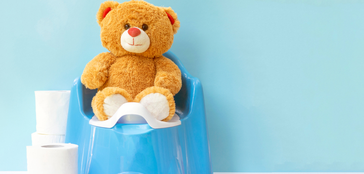A teddy bear sitting on a potty with a stack of toilet roll next to it. 